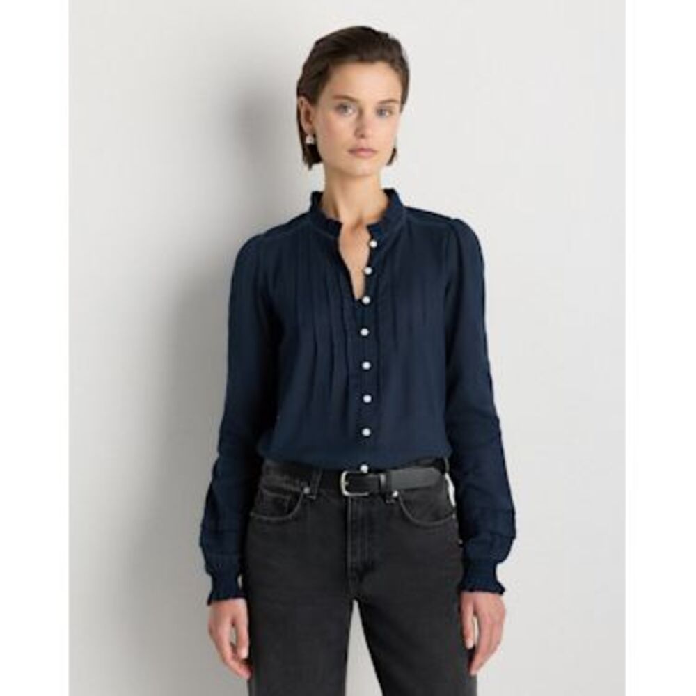 Quince Women Organic Textured Cotton Peasant Blouse Navy XS